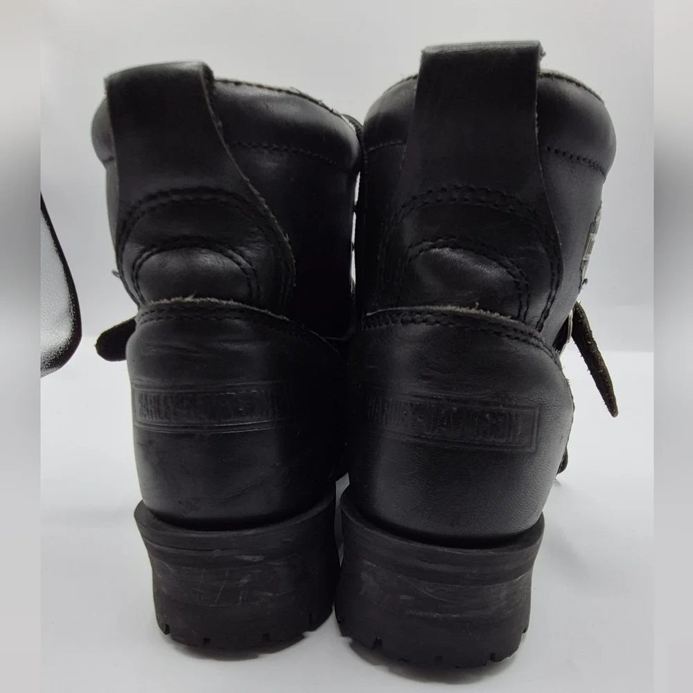 Harley-Davidson Black Leather Lace-Up Strap Motorcycle Boots